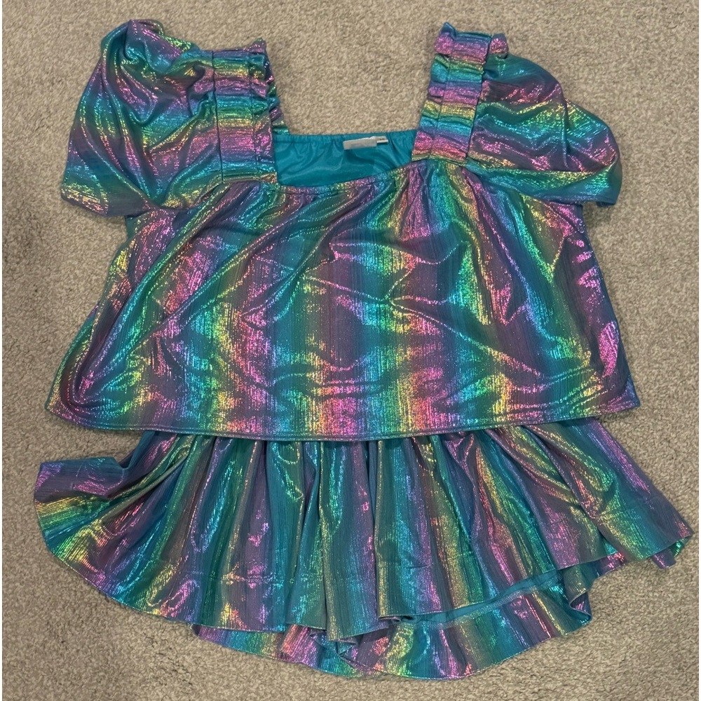 Queen of Sparkles Blue Rainbow Iridescent Swing shirt and shorts set